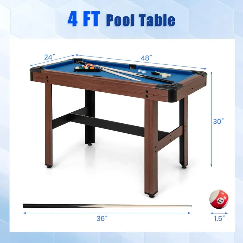 48-Inch Wooden Billiards Table with Accessories (2 Cues, 16 Balls, Chalk, Triangle, Brush)