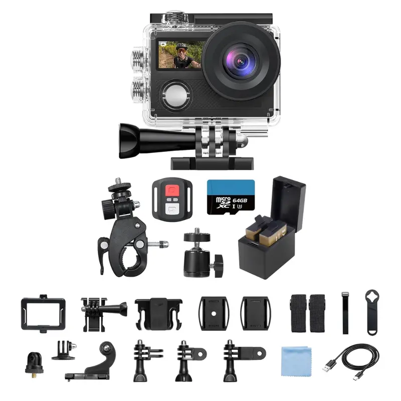 4K Dual-Screen Action Camera with Waterproof Housing, WiFi, and Mount Kit