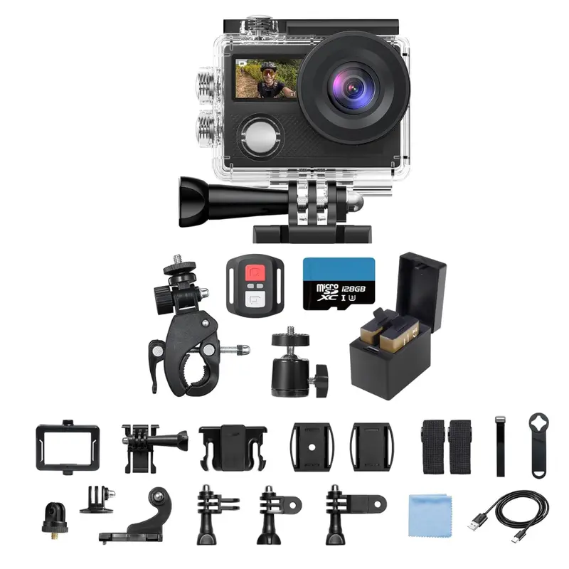 4K Dual-Screen Action Camera with Waterproof Housing, WiFi, and Mount Kit