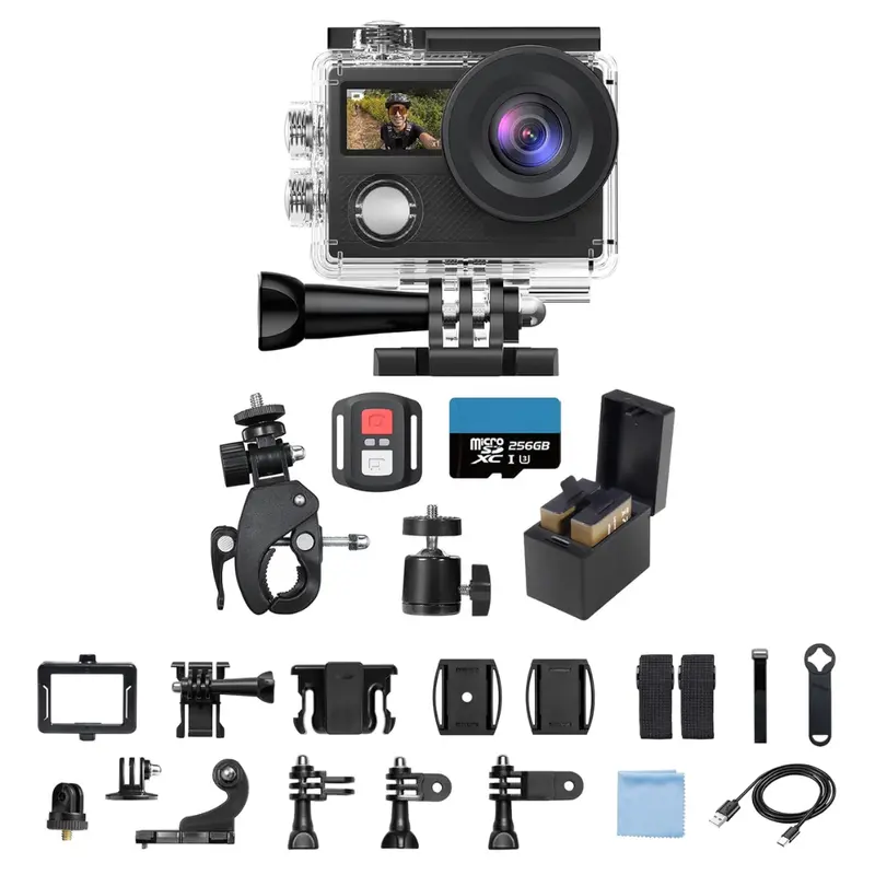 4K Dual-Screen Action Camera with Waterproof Housing, WiFi, and Mount Kit