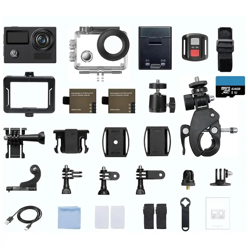 4K Dual-Screen Action Camera with Waterproof Housing, WiFi, and Mount Kit