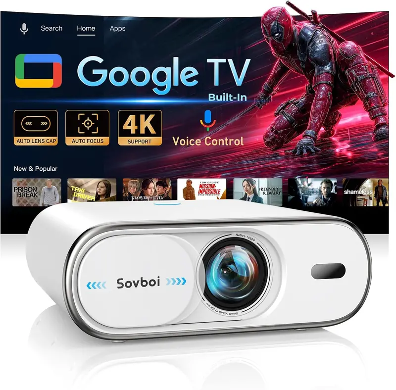 4K Google TV Projector — 2500 ANSI Lumens, Auto Lens Cap, 4D Keystone Correction, and AI Focus