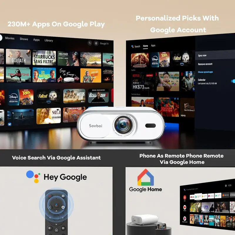 4K Google TV Projector — 2500 ANSI Lumens, Auto Lens Cap, 4D Keystone Correction, and AI Focus 2