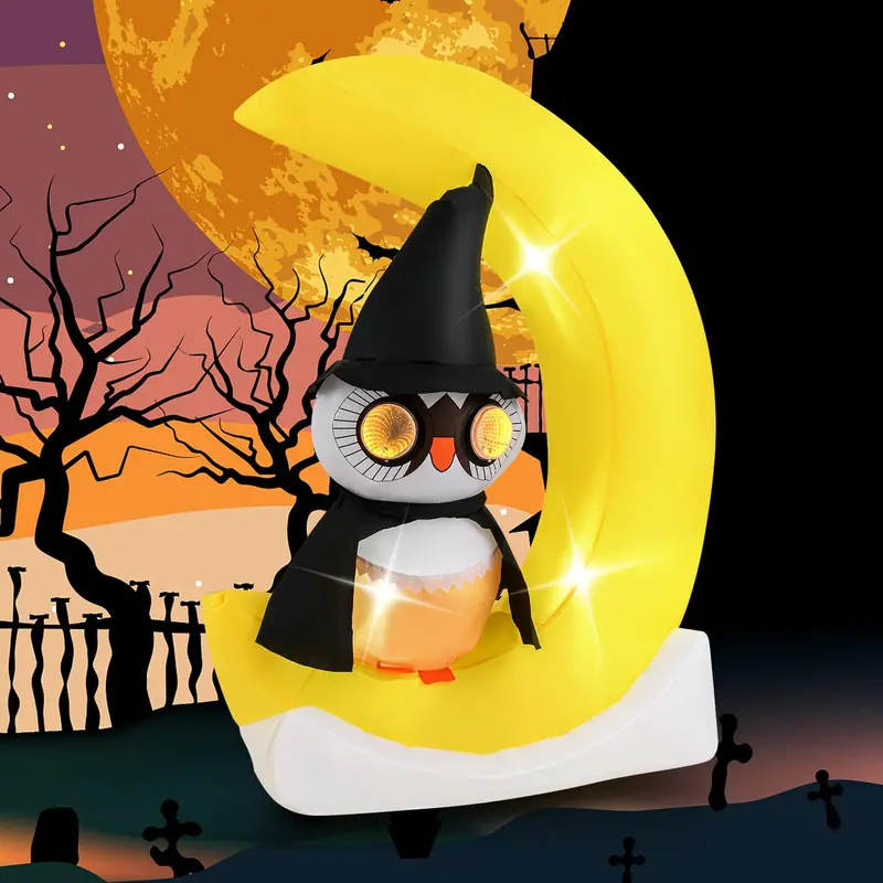 5.1 ft Pre-Lit Halloween Inflatable – Owl on the Moon Decor with Witch Hat & Integrated LED Lights