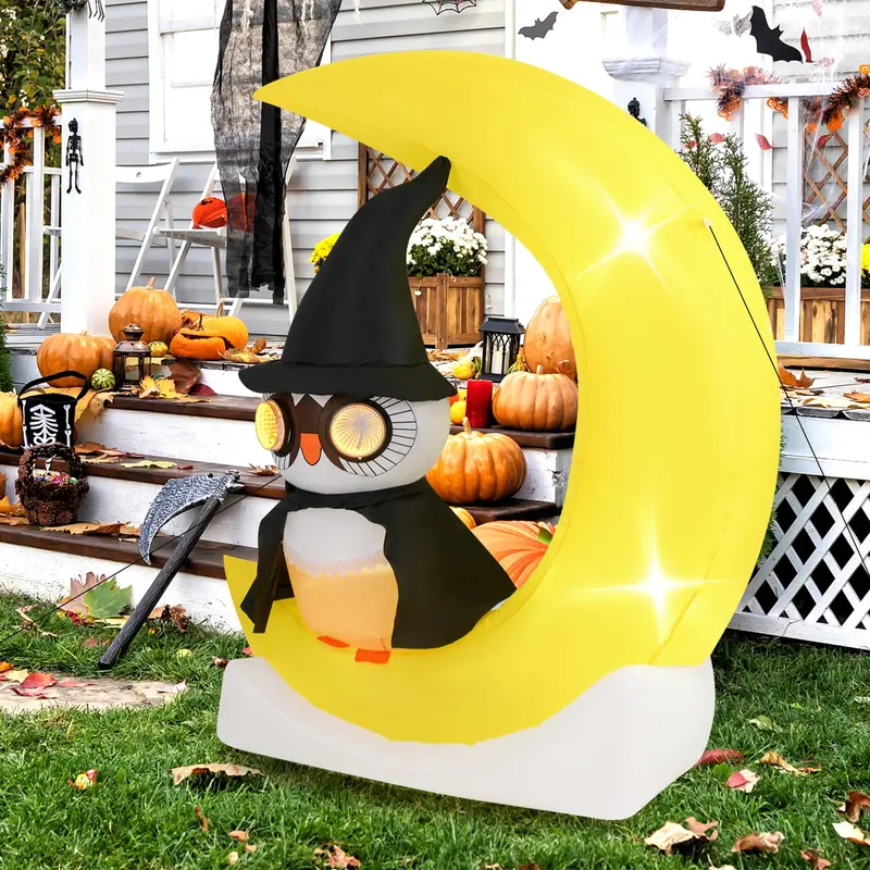 5.1 ft Pre-Lit Halloween Inflatable – Owl on the Moon Decor with Witch Hat & Integrated LED Lights 2