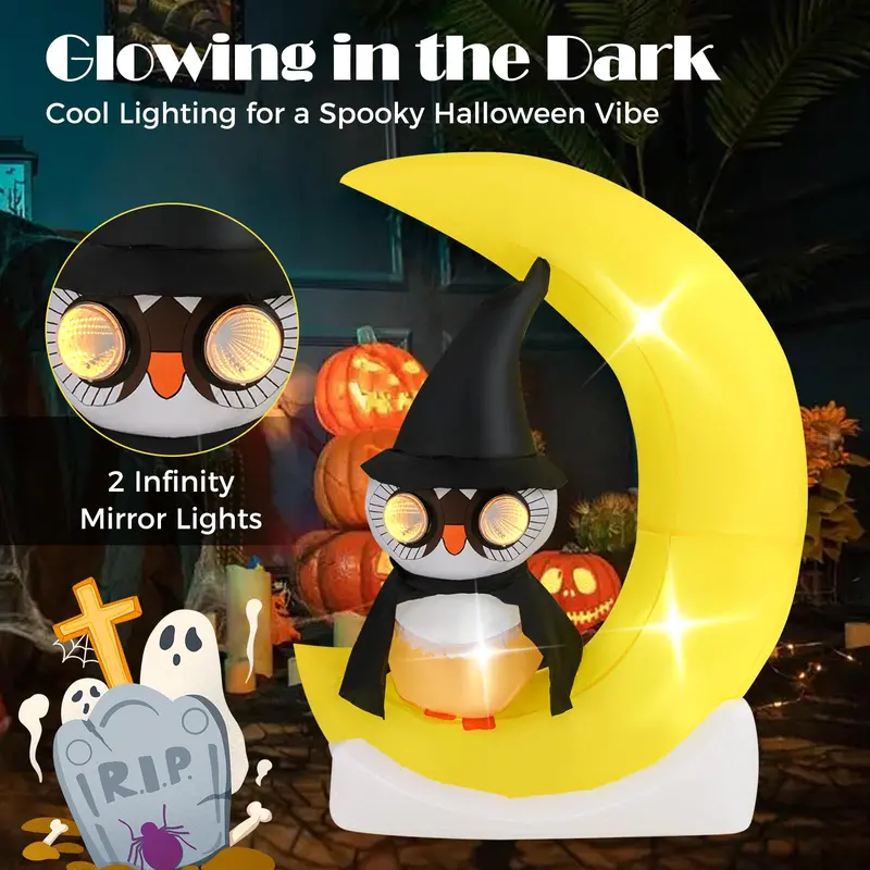 5.1 ft Pre-Lit Halloween Inflatable – Owl on the Moon Decor with Witch Hat & Integrated LED Lights