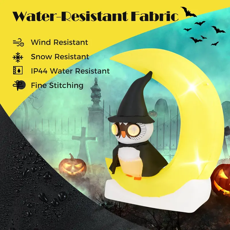 5.1 ft Pre-Lit Halloween Inflatable – Owl on the Moon Decor with Witch Hat & Integrated LED Lights
