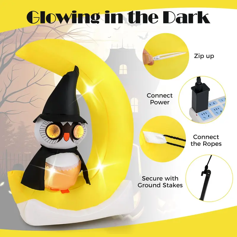 5.1 ft Pre-Lit Halloween Inflatable – Owl on the Moon Decor with Witch Hat & Integrated LED Lights