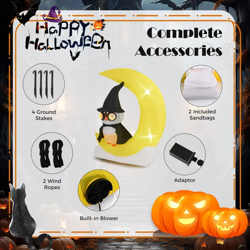 5.1 ft Pre-Lit Halloween Inflatable – Owl on the Moon Decor with Witch Hat & Integrated LED Lights