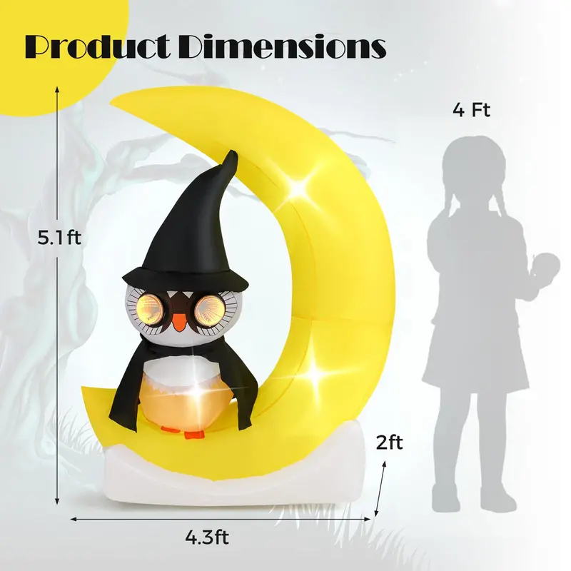 5.1 ft Pre-Lit Halloween Inflatable – Owl on the Moon Decor with Witch Hat & Integrated LED Lights