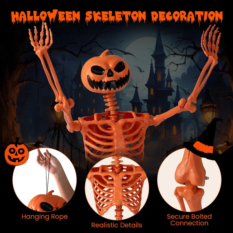5.2-Foot Posable Halloween Skeleton – Glow-in-the-Dark Pumpkin-Head Yard Decoration