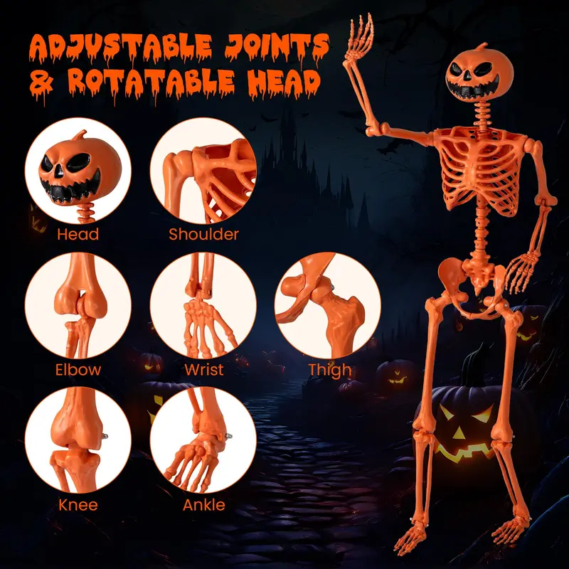 5.2-Foot Posable Halloween Skeleton – Glow-in-the-Dark Pumpkin-Head Yard Decoration