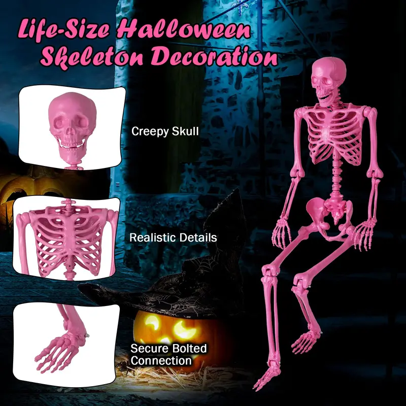5.5-Foot Pink Poseable Skeleton – Life-Size Animated Halloween Prop with Articulated Joints