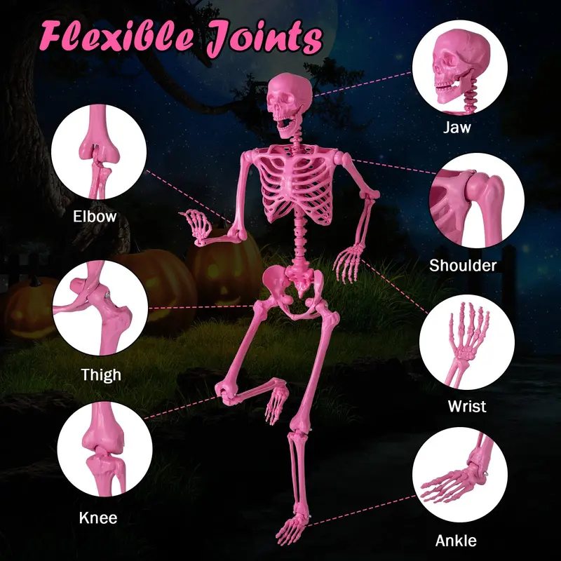 5.5-Foot Pink Poseable Skeleton – Life-Size Animated Halloween Prop with Articulated Joints
