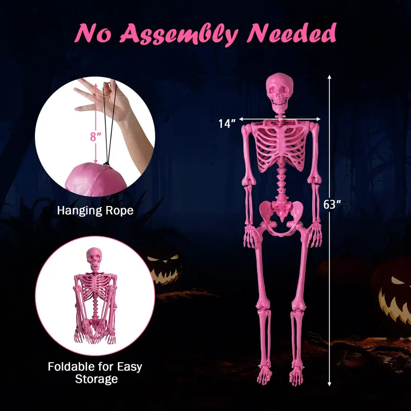 5.5-Foot Pink Poseable Skeleton – Life-Size Animated Halloween Prop with Articulated Joints