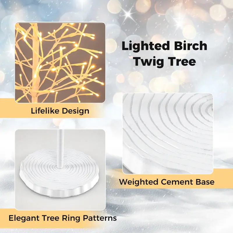 5/6/7-Foot Pre-Lit LED Birch Twig Tree with Warm White Lighting and Reinforced Base