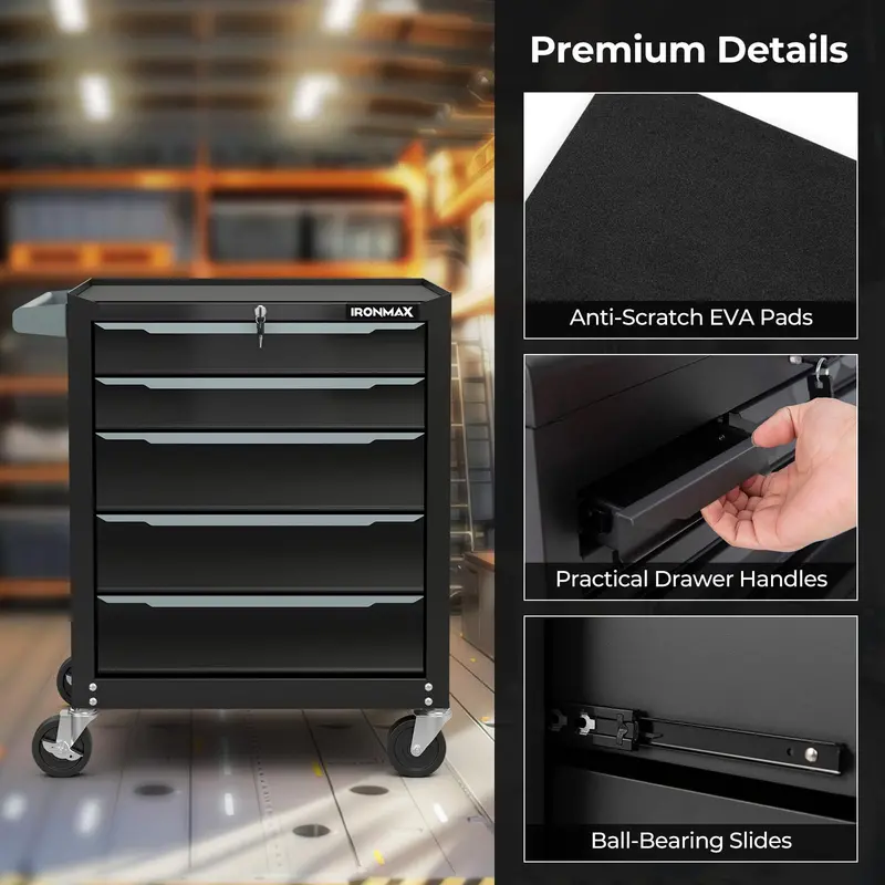 5-Drawer Rolling Steel Tool Chest – Mobile Workshop Cabinet with Hanging Rod Holes & Smooth Casters