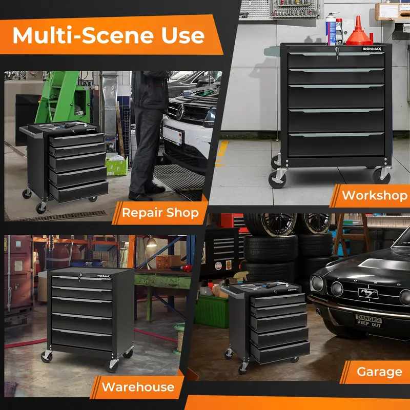 5-Drawer Rolling Steel Tool Chest – Mobile Workshop Cabinet with Hanging Rod Holes & Smooth Casters