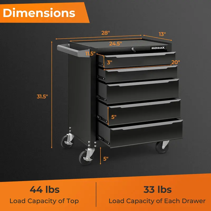 5-Drawer Rolling Steel Tool Chest – Mobile Workshop Cabinet with Hanging Rod Holes & Smooth Casters
