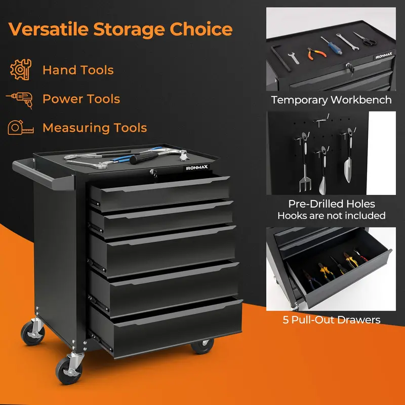 5-Drawer Rolling Steel Tool Chest – Mobile Workshop Cabinet with Hanging Rod Holes & Smooth Casters