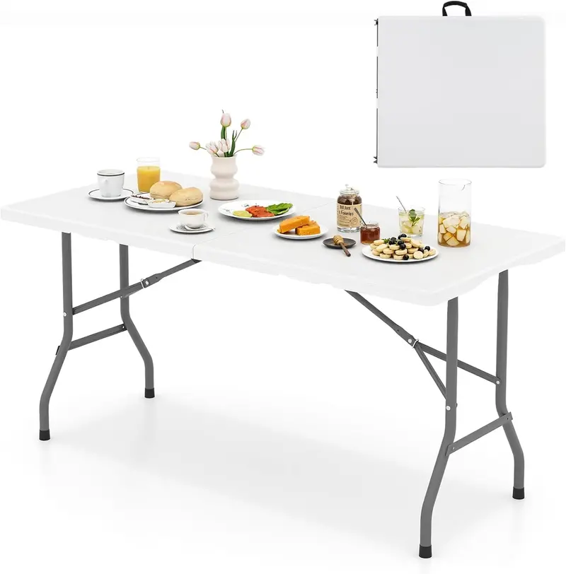 5-Foot Heavy-Duty Rectangular Folding Table with Integrated Carry Handle