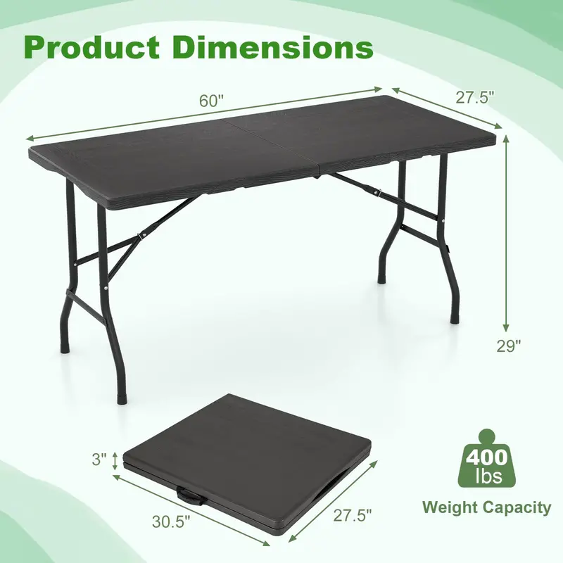 5-Foot Heavy-Duty Rectangular Folding Table with Integrated Carry Handle