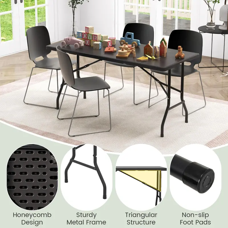 5-Foot Heavy-Duty Rectangular Folding Table with Integrated Carry Handle