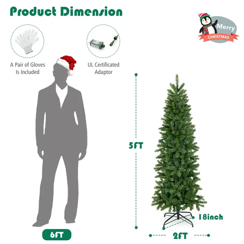 5-Foot Pre-Lit Slim Pencil Christmas Tree with 390 PVC/PE Branch Tips