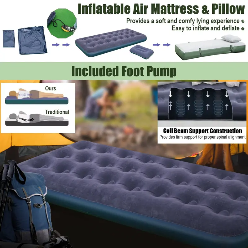 5-in-1 Camping Cot System – Includes Air Mattress, Pillow, Sleeping Bag & Carry Bag