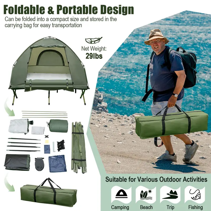 5-in-1 Camping Cot System – Includes Air Mattress, Pillow, Sleeping Bag & Carry Bag