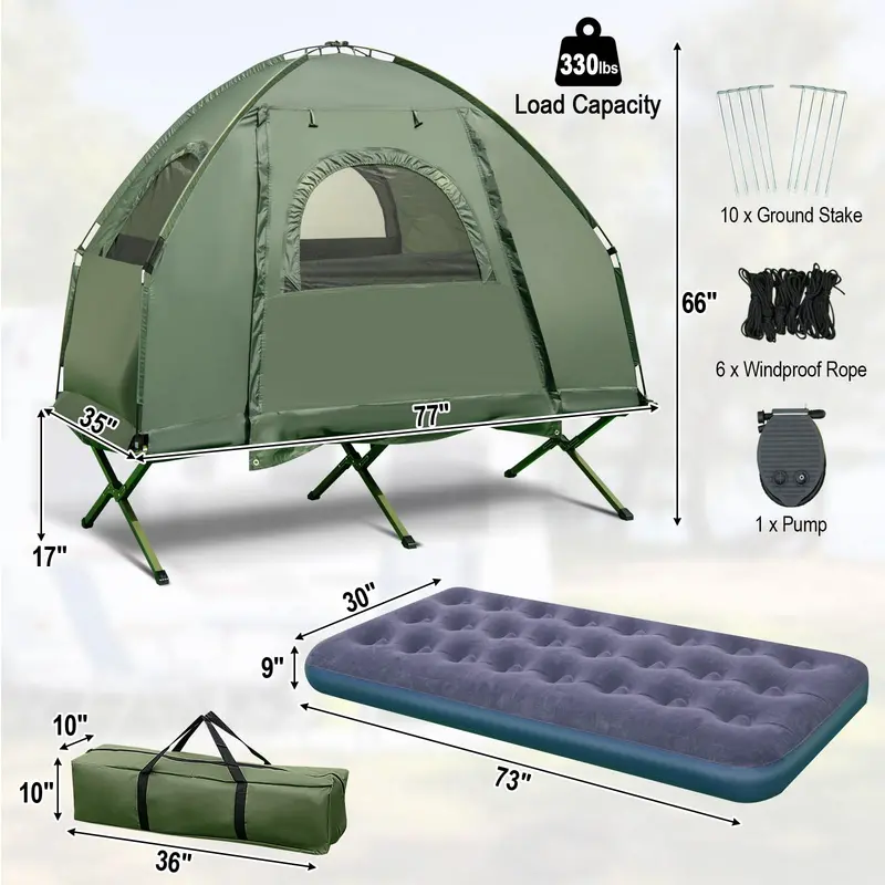 5-in-1 Camping Cot System – Includes Air Mattress, Pillow, Sleeping Bag & Carry Bag