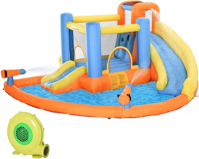 5-in-1 Inflatable Kids’ Water Park – Bounce House, Slide, Climbing Wall, Dual Water Cannons & Splash Pool | Includes 450W Heavy-Duty Blower