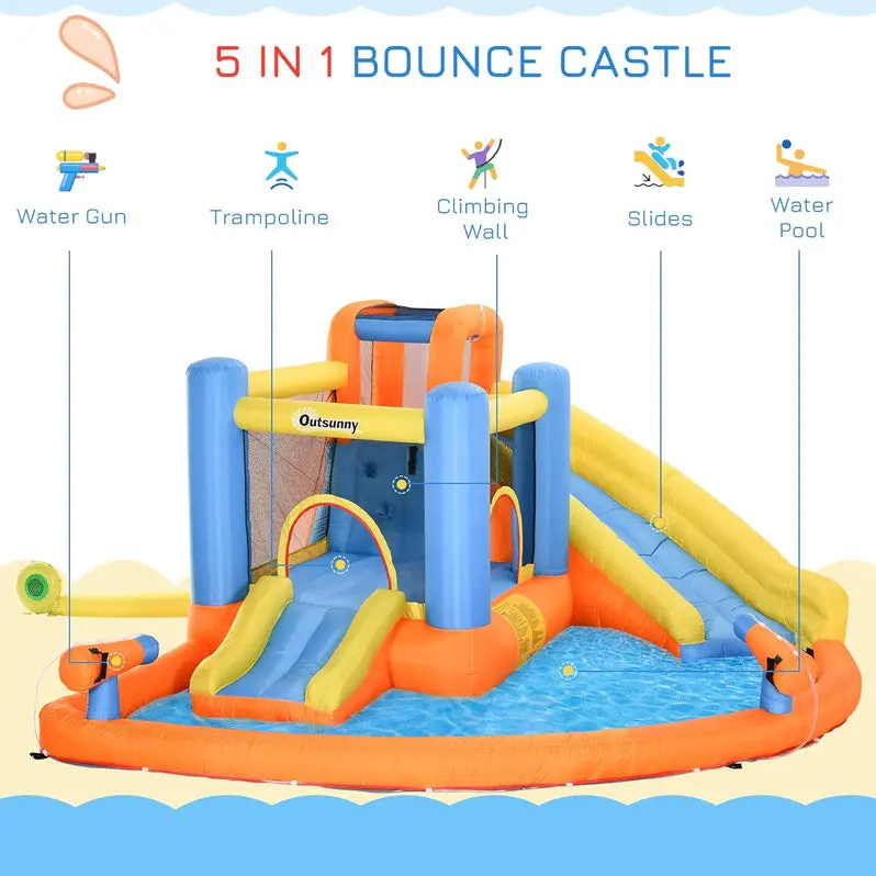 5-in-1 Inflatable Kids’ Water Park – Bounce House, Slide, Climbing Wall, Dual Water Cannons & Splash Pool | Includes 450W Heavy-Duty Blower