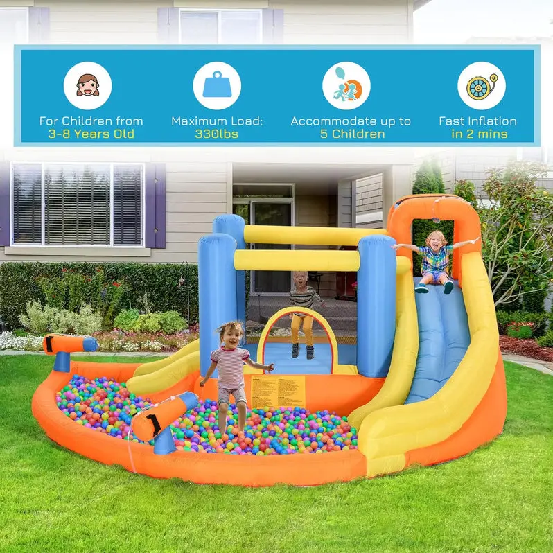 5-in-1 Inflatable Kids’ Water Park – Bounce House, Slide, Climbing Wall, Dual Water Cannons & Splash Pool | Includes 450W Heavy-Duty Blower