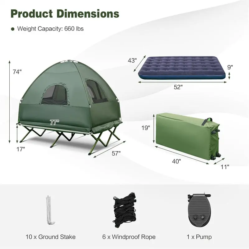 5-in-1 Portable Camping Tent System: 2-Person Tent, Air Mattress, Sleeping Bag & Sunshade