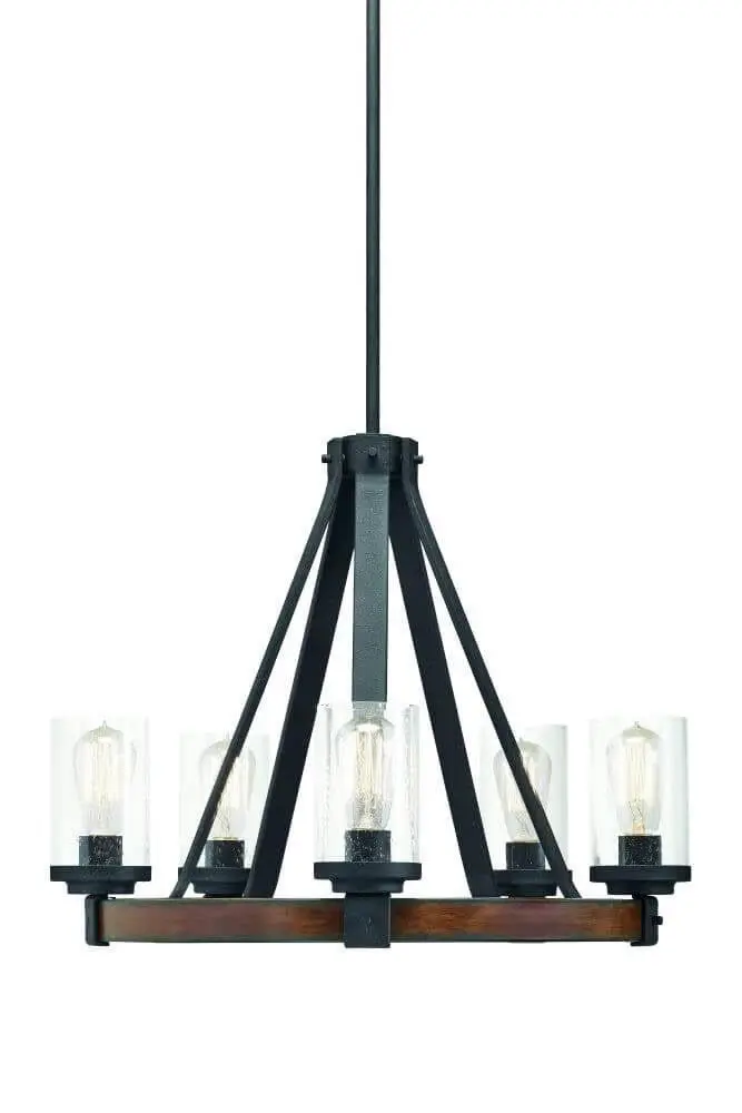 5-Light Rustic Chandelier – Distressed Black Metal Frame with Wood Accents & Clear Glass Candles