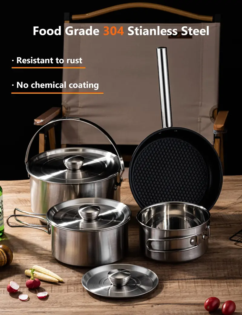 5-Piece Stainless Steel Camp Cookset – Skillet, Pots & Carry Bag for 4–8 People