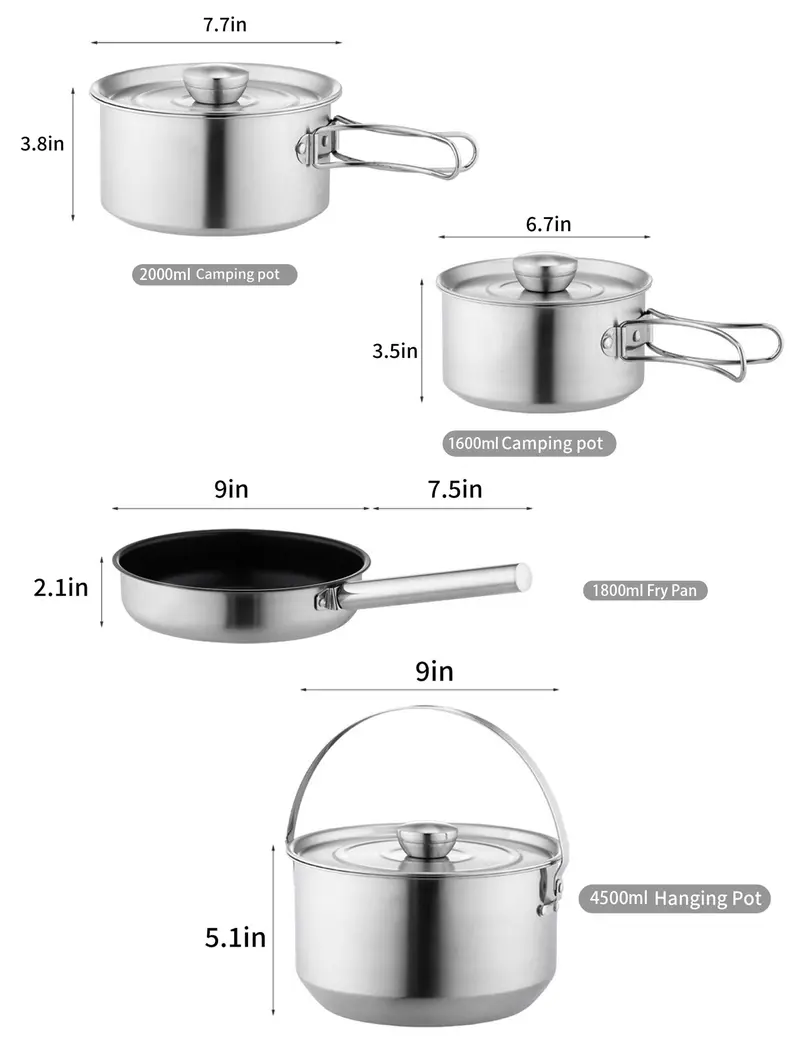 5-Piece Stainless Steel Camp Cookset – Skillet, Pots & Carry Bag for 4–8 People