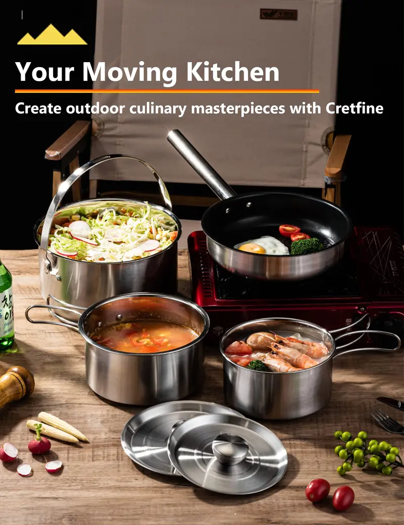 5-Piece Stainless Steel Camp Cookset – Skillet, Pots & Carry Bag for 4–8 People