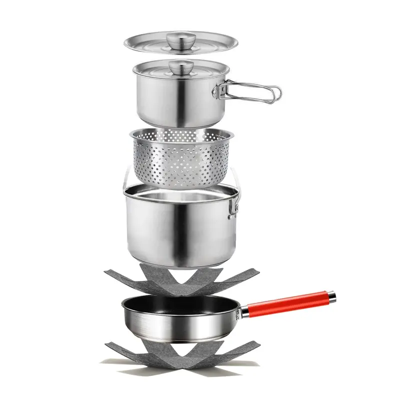 5-Piece Stainless Steel Camping Cookset – Includes Colander & Travel Bag for Groups of 4–6