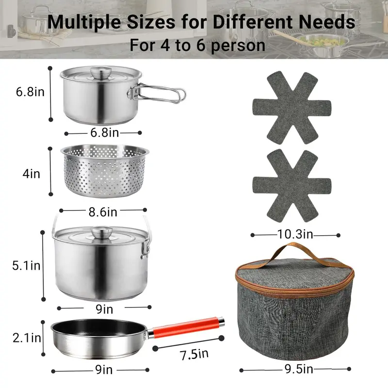 5-Piece Stainless Steel Camping Cookset – Includes Colander & Travel Bag for Groups of 4–6 2