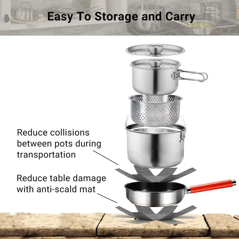 5-Piece Stainless Steel Camping Cookset – Includes Colander & Travel Bag for Groups of 4–6