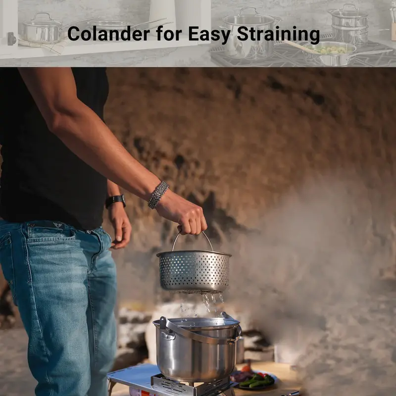 5-Piece Stainless Steel Camping Cookset – Includes Colander & Travel Bag for Groups of 4–6