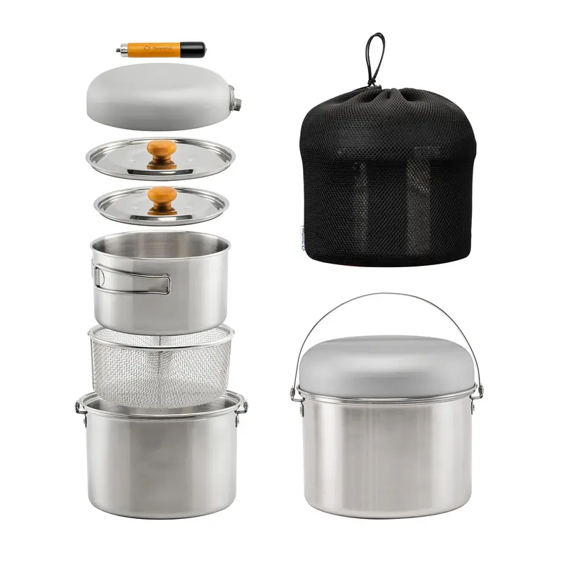 5-Piece Stainless Steel Camping Cookware – Frying Pan, Pots & Storage Bag for 3–5 People