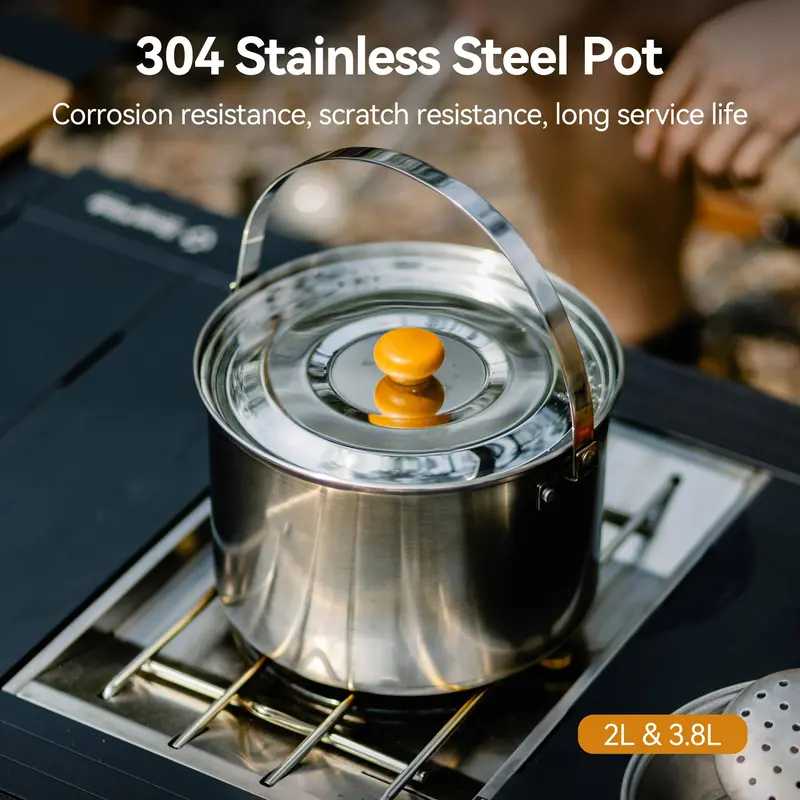 5-Piece Stainless Steel Camping Cookware – Frying Pan, Pots & Storage Bag for 3–5 People 2