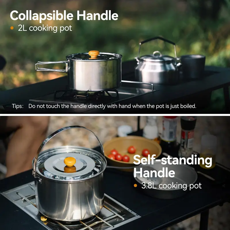 5-Piece Stainless Steel Camping Cookware – Frying Pan, Pots & Storage Bag for 3–5 People