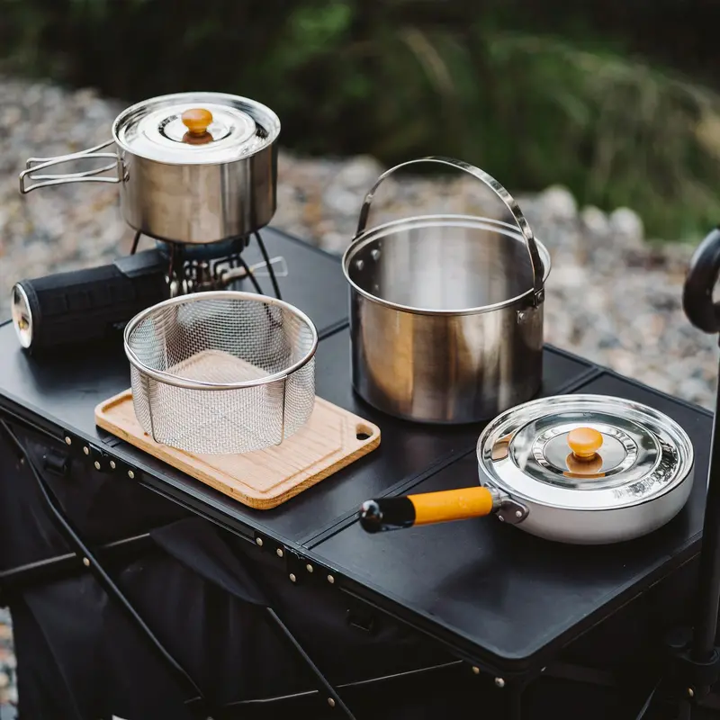 5-Piece Stainless Steel Camping Cookware – Frying Pan, Pots & Storage Bag for 3–5 People