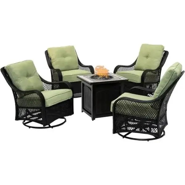 5-Piece Steel Fire Pit Conversation Set – Swivel Gliders, Square Table & Navy Blue Cushions