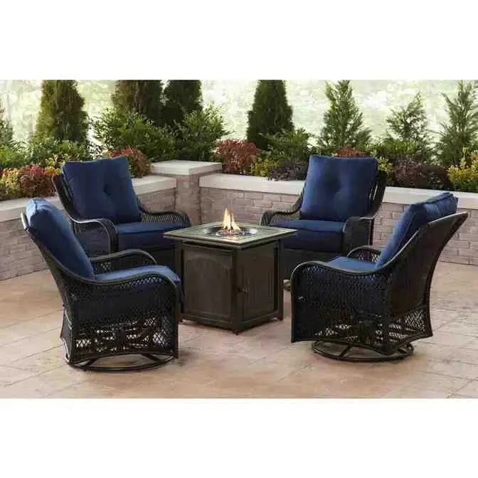 5-Piece Steel Fire Pit Conversation Set – Swivel Gliders, Square Table & Navy Blue Cushions 2