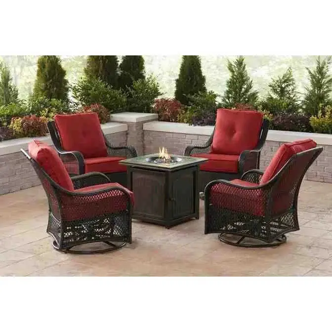 5-Piece Steel Patio Fire Pit Set – Navy Blue Cushioned Swivel Gliders + Square Fire Table
